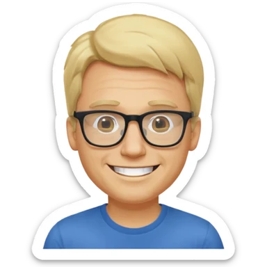 portrait of adult man, wearing a t-shirt, square glasses, grinning face, blond hair sticker