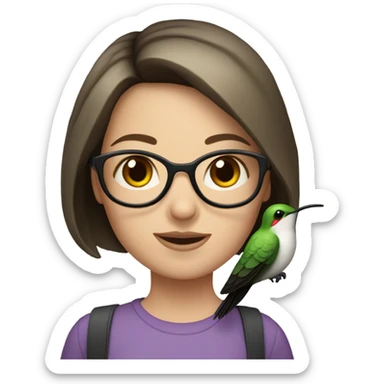 Girl pale , brunette, with short hair, wearing glasses with a hummingbird next to her sticker