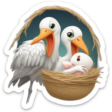  white stork carrying a bundle of cloth in its beak that has a cute baby human that his face peeking out from it sticker