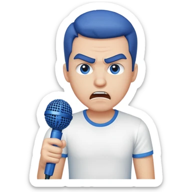 a man in a white T-shirt and a blue microphone gets angry when people tell him about his cell phone. sticker