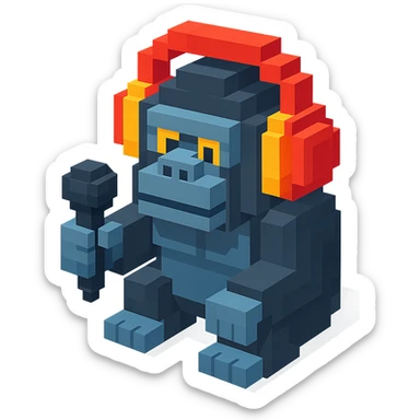gorilla with headphones holding a microphone, isometric view, voxel style sticker