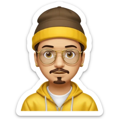 Ali G from Ali G Indahouse with brown eyes, dark brown hair, gold outfit, yellow glasses and hat sticker
