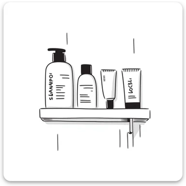 Shampoo bottle, color tube, and conditioner standing on a shelf, products are luxury brand-labeled sticker