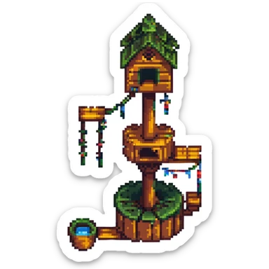 treehouse with floating platforms, enchanted look, pixel art style sticker