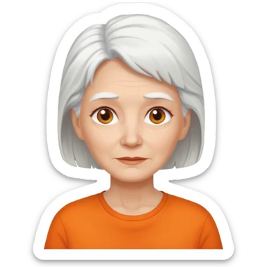 older white woman with white hair and orange shirt sticker