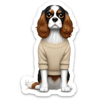 Black, white, and brown King Charles Cavalier Spaniel with a beige winter sweater sticker