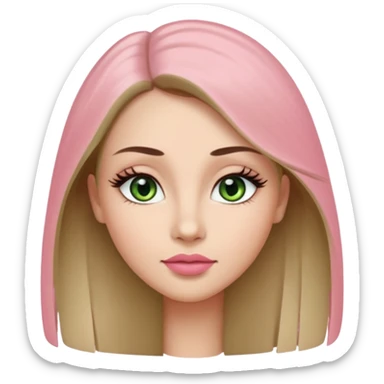 Adult woman avatar, light skin tone, oval face, long straight ash-brown hair, green almond-shaped eyes with dramatic eyelashes and minimal eyeliner, neutral mouth, medium straight eyebrows, small nose, natural pink lips, smooth skin with light natural blush sticker