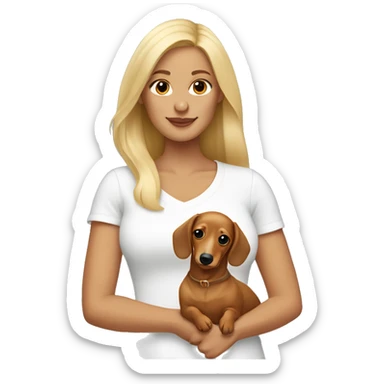 Blonde woman with tan skin wearing white top holding a blonde long haired dachshund  sticker