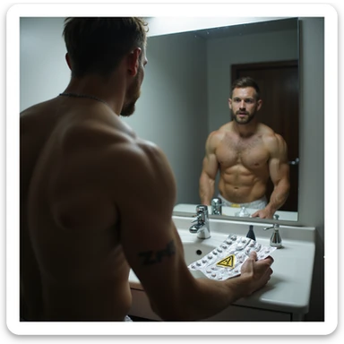 bodybuilder in front of mirror, blister pack on sink, reflection shows small testicles and danger symbols, dark atmosphere, realistic details, isolated on white background sticker