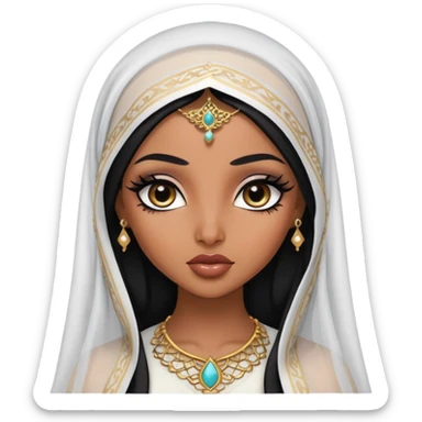 arabian nose, pretty lips, arabian clothes, veil, medium dark skin,  long black hair, pretty bratz baddie, black eyeliner sticker