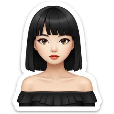 chic woman with Asian skin, black long straight bangs, wearing a black off-shoulder top, and makeup sticker