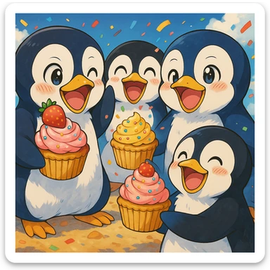 Add more penguin friends, all sharing cupcakes, in an anime style with a happy and festive atmosphere. Maintain the original look but enhance the scene with joyful and colorful anime elements. sticker