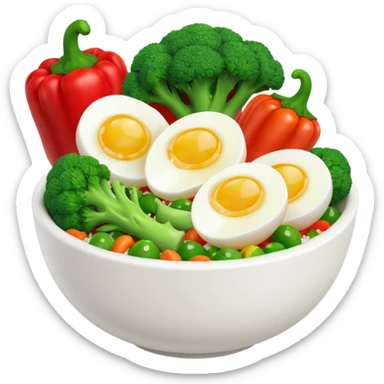 3D food emoji, glossy, smooth shapes, premium style,
broccoli, red bell pepper, rice bowl, chicken breast,
boiled eggs, vitamins bottle,
light warm background
 sticker