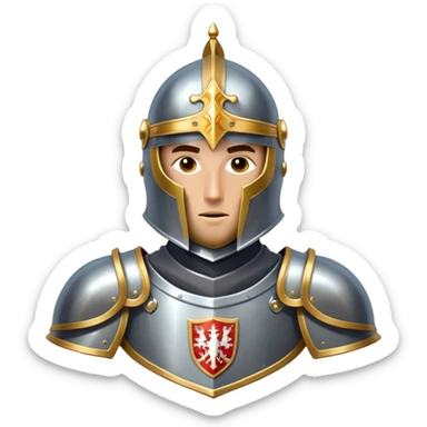 Clash of Clans aesthetic friendly Knight Portrait Emoji, With a noble, armored build featuring a gleaming suit adorned with intricate heraldry and a determined gaze behind a visored helm, his face rendered in a natural skin tone (not yellow), Simplified yet dynamic features, highly detailed, glowing with a cool, steely radiance, high shine, courageous and resolute, stylized with an air of chivalric valor, focused and stalwart, soft glowing outline, capturing the essence of a valiant knight ready to charge into epic quests with honor! sticker
