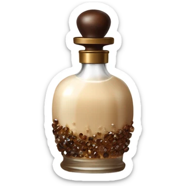 Antique parfumerie bottle with oil, made of bronze and brown crystals, white cream and coffee milk pour from the bottle sticker