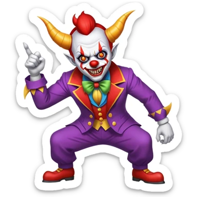 evil clown with horns, fangs, pointed ears, leisure suit, battle-ready, fighting posture sticker