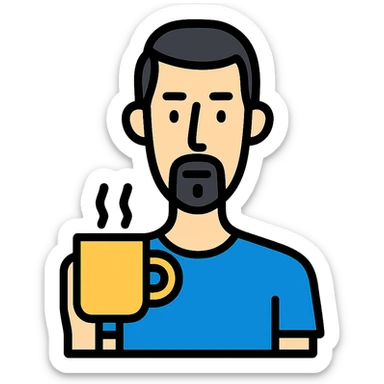 A thin guy with black hair, a long face, black beard, not too thick and long, holding a mug of coffee sticker