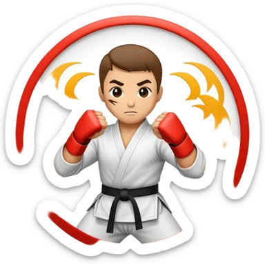 An emblem-style emoji symbolizing striking martial arts. The design features a stylized fighter in a dynamic stance, delivering a powerful punch, surrounded by a circular border with traditional elements like fists and combat symbols. Bold, clean lines with contrasting colors. sticker