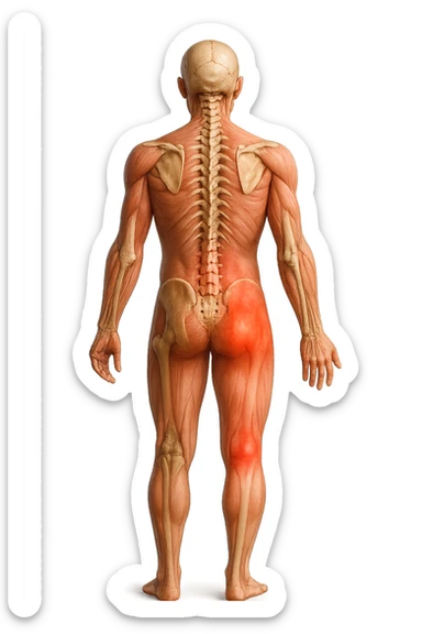 CORPO UMANO ANATOMICO A FIGURA INTERA REALISTICO DI SPALLE CON DOLORE ALLA LOMBARE INFIAMMATA, DOLORE ALL'ANCA, IPERREALISTICO 4K sticker