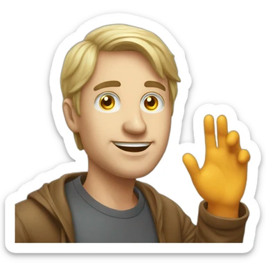 a man waves hello, bitcoin in his eyes sticker