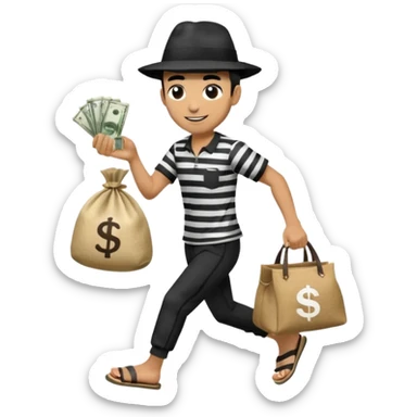 Make a man wear a black pant and he shirt is balck line and white line and wear a black hat and he holding a money bag and he running he wear a black eye thing no money in the Left hand and he yellow and the money bag in the right he wear a flip flop like this is Money bag 💰 NO MONEY sticker