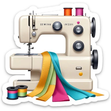 Sewing icon, sewing machine with thread, visible needle, spools of thread, fabric pieces cut according to patterns, measuring tape, pins, scissors, and a dress in progress, minimalistic style, clean lines, transparent background. sticker