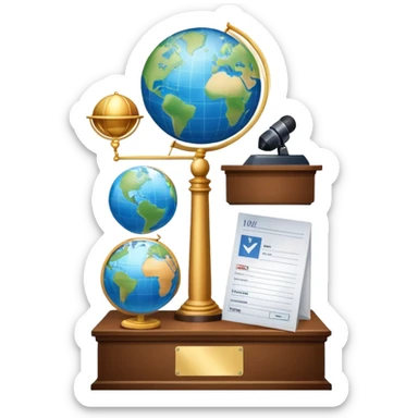 An icon featuring a podium with a speaker, a ballot box with a voting slip, and a globe, symbolizing political science. The design includes scales of justice and a world map in the background, representing governance and global politics. Transparent background highlights political analysis. sticker