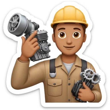 mechanic holding a car engine part in one arm, waving right hand, friendly, emoji style sticker