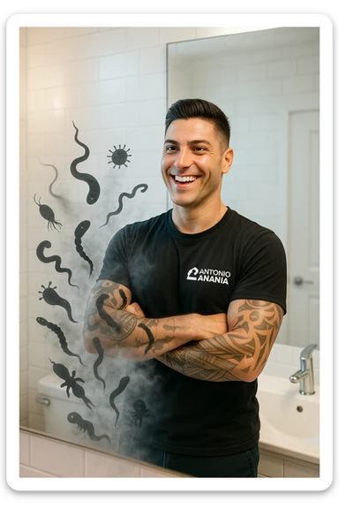 a man stands in a brightly lit bathroom, looking relieved and revitalized as he examines his reflection in the mirror. In the foreground, stylized, shadowy images of parasites (such as worms or protozoa) are shown leaving his body, dissolving into mist or fading away. His posture is upright and his expression is one of newfound energy and health. sticker