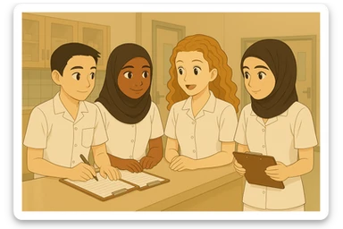 Modify the outfits of all the students to be white, short-sleeved, and styled like the blue outfit worn by the boy in the first original image. Make this style uniform for the entire group, remove any stethoscopes, and keep the faces unchanged. sticker