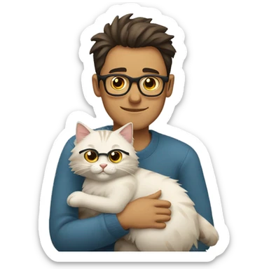 a guy with glasses hugging a Siberian cat sticker