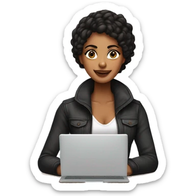 Chica de piel morena, cabello liso ondulado negro, ojos marrones con una laptop sticker