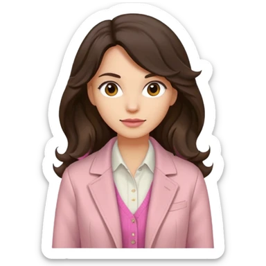 Portrait of woman with dark long wavy hair in white shirt, pink sweater and beige jacket sticker