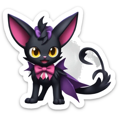 Shiny Dark Cool Shy Edgy Black beautiful fantasy Kawaii Sona Noibat-Litten-Fakemon-cat-animal with edgy bat-ears bow tie black emo-mane vtuber model Full Body sticker