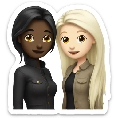 A lesbian couple with white skin and long black hair flirting sticker
