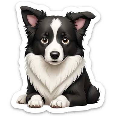 Sitting Border Collie dog with ONLY ONE single black ear, the rest of the dog including the other ear is completely white, extreme contrast between the one black ear and white body sticker