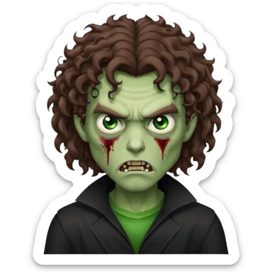 long curly haired male zombie with brown hair color and green eye color, with dark vampire clothes and angry face emotion sticker