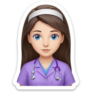 pretty brunette nurse with long hair and blue eyes in lilac scrubs sticker