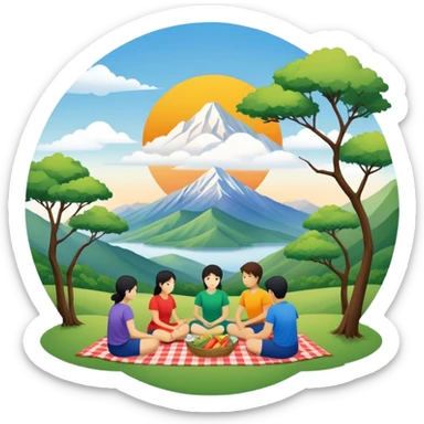 "East Asian teams in color-coded tees picnic under trees. Mountain ridges in distance, Sunlord cloud logo. Circular minimalist art." sticker