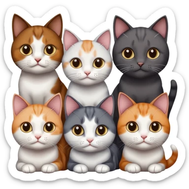 4 different coloured short haired cats including; a dark brown and white cat, and a dark grey and white, and a calico sticker