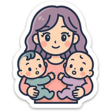 cute young woman with long wavy hair and expressive eyes holding two babies in bodysuits, icon-color-outlined style, detailed shadows and highlights, thin clean contours, soft rounded shapes, pastel palette #98B5BC, #B5B3C1, #C9A3C9, #E4C0CA, #F7DCD1, #F7C0AA, modern Japanese pop art and sticker aesthetic, soft lighting, transparent background sticker