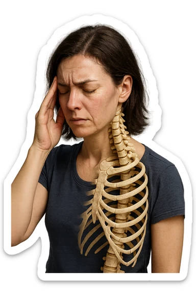 donna stanca che si tiene una mano sulla tempia con spina dorsale anatomica visibile, iperrealistico 4k sticker