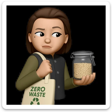 Edit the image to show the woman shopping in a zero waste store, holding a reusable bag and a glass jar. She should have a sneaky or curious expression as if spying on other customers. Keep the original style of the image. Make the background transparent. sticker