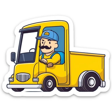bald truck driver with mustache and baseball cap driving yellow semi sleeper truck sticker