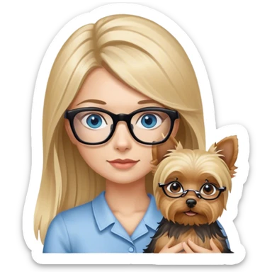 Blonde balayage long hair women with blue eyes wearing glasses holding a Yorkshire terrier  sticker