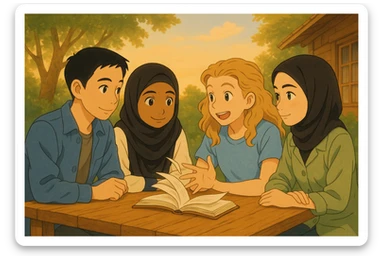 Les pages du livre sur la table bougent sous l'effet du vent, style ghibli, même composition que l'image de référence. sticker