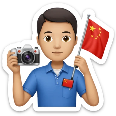 A Chinese man with a Chinese flag and a camera sticker