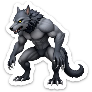 cinematic-noble-fierce-werewolf-full body on all fours-emoji, poised-and-imposing, with a tall, lean, and muscular wolfish frame inspired by the brutal, imposing shape of the beast from Berserk, fur rippling in shades of midnight black and silver, massive paws with razor-sharp claws, elongated limbs and fangs, eyes glowing with an intense, primal ferocity, reflecting the untamed power of the wild moonlit night; rendered with realism like a wolf hunched over sticker