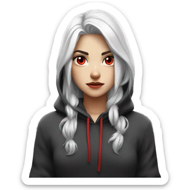 angry white-haired gamer girl with red eyes in a black hoodie sticker