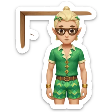 elf male legolas portrait, patterned board shorts (geometric/abstract), unique wooden-framed sunglasses, undercut hairstyle, slight smirk, visible pointy ears, no background, centered emoji, hipster summer vibe coctails sticker